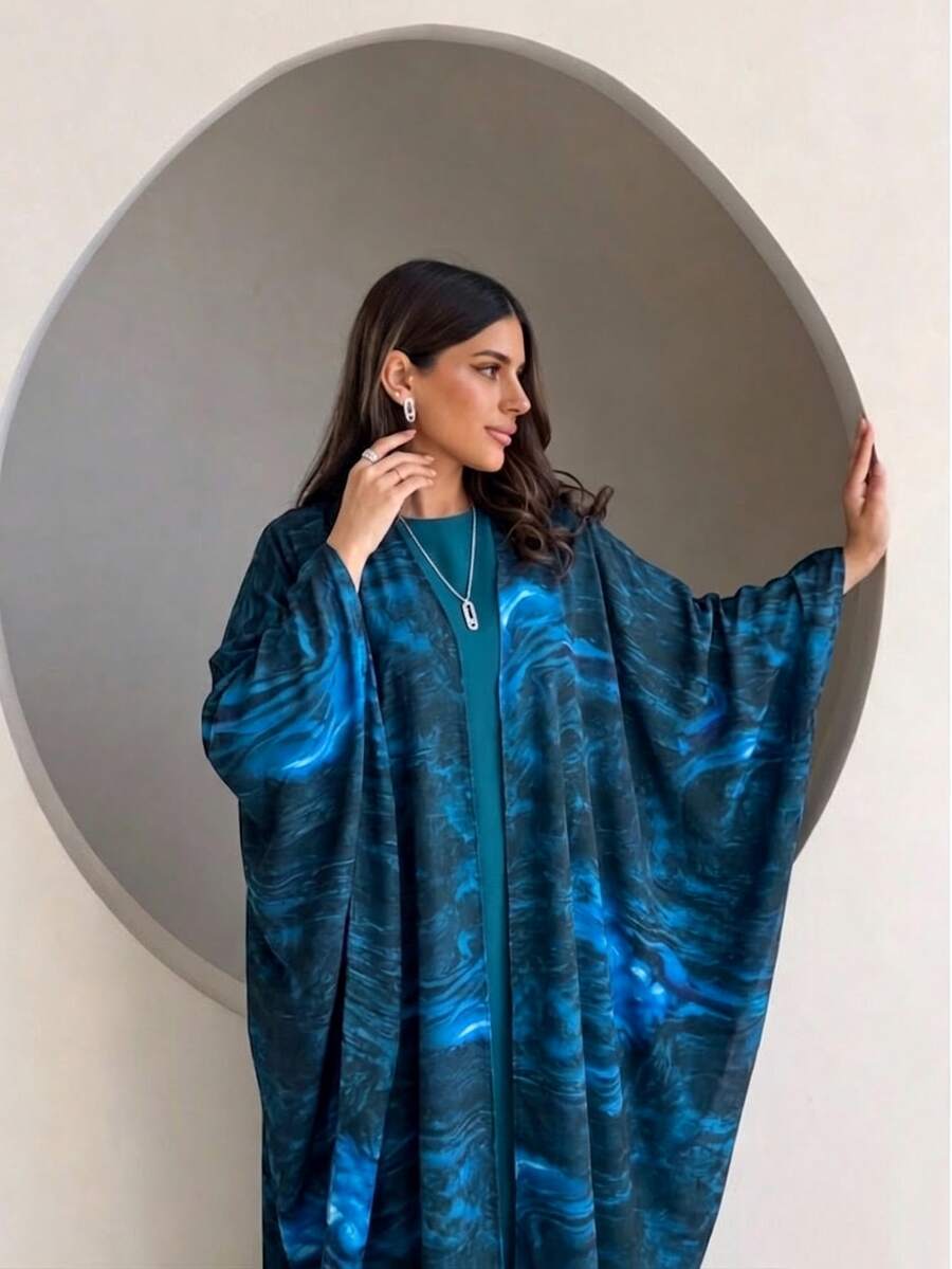 Yasmyna Women's Blue Print Maxi Dress, Elegant Loose FitOpen Front Modest Dress, Full Length Kimono Style Cover Up For Casual Wear, Parties And Daily Outfits - Blue - View 1