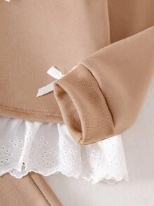 Girls Korean Style Energetic Loose Cedar Brown Fleece Crew Neck Sweatshirt With 2 In 1 Design, Embroidered Ruffle Trim Layered Detail And White Bow Pattern 2 Pieces Set - Brown - View 6