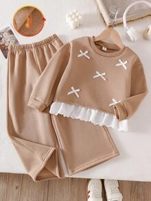 Girls Korean Style Energetic Loose Cedar Brown Fleece Crew Neck Sweatshirt With 2 In 1 Design, Embroidered Ruffle Trim Layered Detail And White Bow Pattern 2 Pieces Set - Brown - View 2