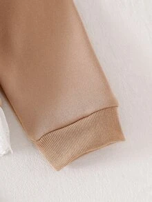 Girls Korean Style Energetic Loose Cedar Brown Fleece Crew Neck Sweatshirt With 2 In 1 Design, Embroidered Ruffle Trim Layered Detail And White Bow Pattern 2 Pieces Set - Brown - View 7