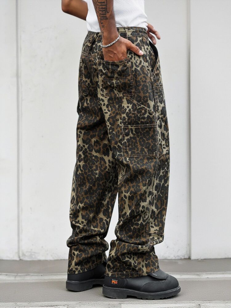 GALLERY FADE Men's Streetwear Casual Patchwork Waist Rope Camo Leopard Print Denim Jeans Vacation Holiday Grey Leopard Print Summer - Multicolor - View 5