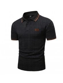 EGENSIO Camisa polo de hombre de punto jacquard unicolor con textura, cuello, puños acanalados, dos bolsillos y parche negro en el pecho - Negro - Ver 5