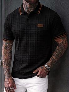 EGENSIO Camisa polo de hombre de punto jacquard unicolor con textura, cuello, puños acanalados, dos bolsillos y parche negro en el pecho - Negro - Ver 4