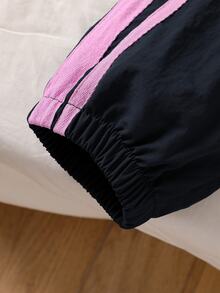 SHEIN 青少年女孩秋季外套 黑色長袖運動休閒條紋拼接側拉鍊立領夾克，秋季返校穿搭，適合女孩 - 藍色 - 查看 6