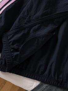 SHEIN 青少年女孩秋季外套 黑色長袖運動休閒條紋拼接側拉鍊立領夾克，秋季返校穿搭，適合女孩 - 藍色 - 查看 7