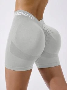 Slayform Slayform Women's Elastic Letter Print Ruched Sports Shorts - Light Grey - View 3