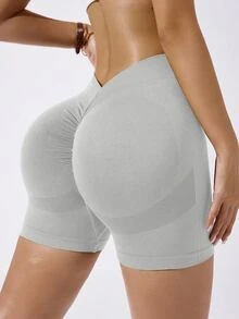 Slayform Slayform Women's Elastic Letter Print Ruched Sports Shorts - Light Grey - View 6