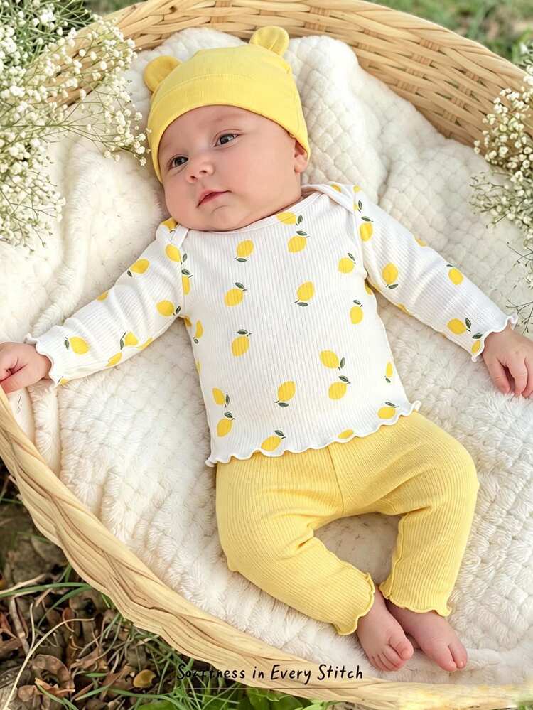 Newborn Baby Girl Cute Cartoon & Floral Pattern Long Sleeve Loungewear Set - Multicolor - View 5