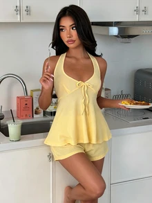 ZzzCrew Deep V-Neck Halter Tie Waist Top And Shorts Pajama Set - Yellow - View 6