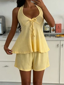 ZzzCrew Deep V-Neck Halter Tie Waist Top And Shorts Pajama Set - Yellow - View 4