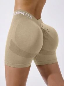Slayform Slayform Women's Seamless Scrunch Butt Workout Shorts High Stretch V-Back Butt Lift Yoga Shorts For Gym Fitness Running - Khaki - View 2