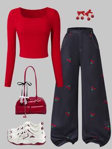 SHEIN Casual  Outfit For Teens - Fashionable And Fresh Pairing Of Jeans And Cropped Top, Suitable For Outdoor And Daily Wear, Snug Fit And Sweet  Set - Multicolor - View 7