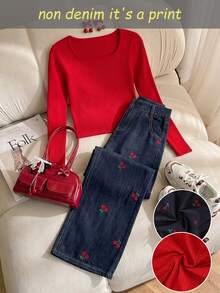 SHEIN Casual  Outfit For Teens - Fashionable And Fresh Pairing Of Jeans And Cropped Top, Suitable For Outdoor And Daily Wear, Snug Fit And Sweet  Set - Multicolor - View 1