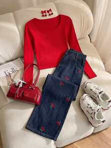 SHEIN Casual  Outfit For Teens - Fashionable And Fresh Pairing Of Jeans And Cropped Top, Suitable For Outdoor And Daily Wear, Snug Fit And Sweet  Set - Multicolor - View 8