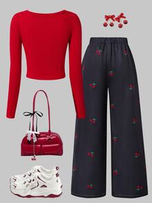 SHEIN Casual  Outfit For Teens - Fashionable And Fresh Pairing Of Jeans And Cropped Top, Suitable For Outdoor And Daily Wear, Snug Fit And Sweet  Set - Multicolor - View 2