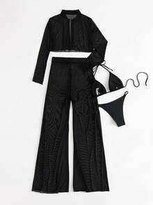 SHEIN Swim Summer Beach Plain Halter Triangle Bikini With Cover Up Set - Black - View 2