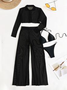 SHEIN Swim Summer Beach Plain Halter Triangle Bikini With Cover Up Set - Black - View 4