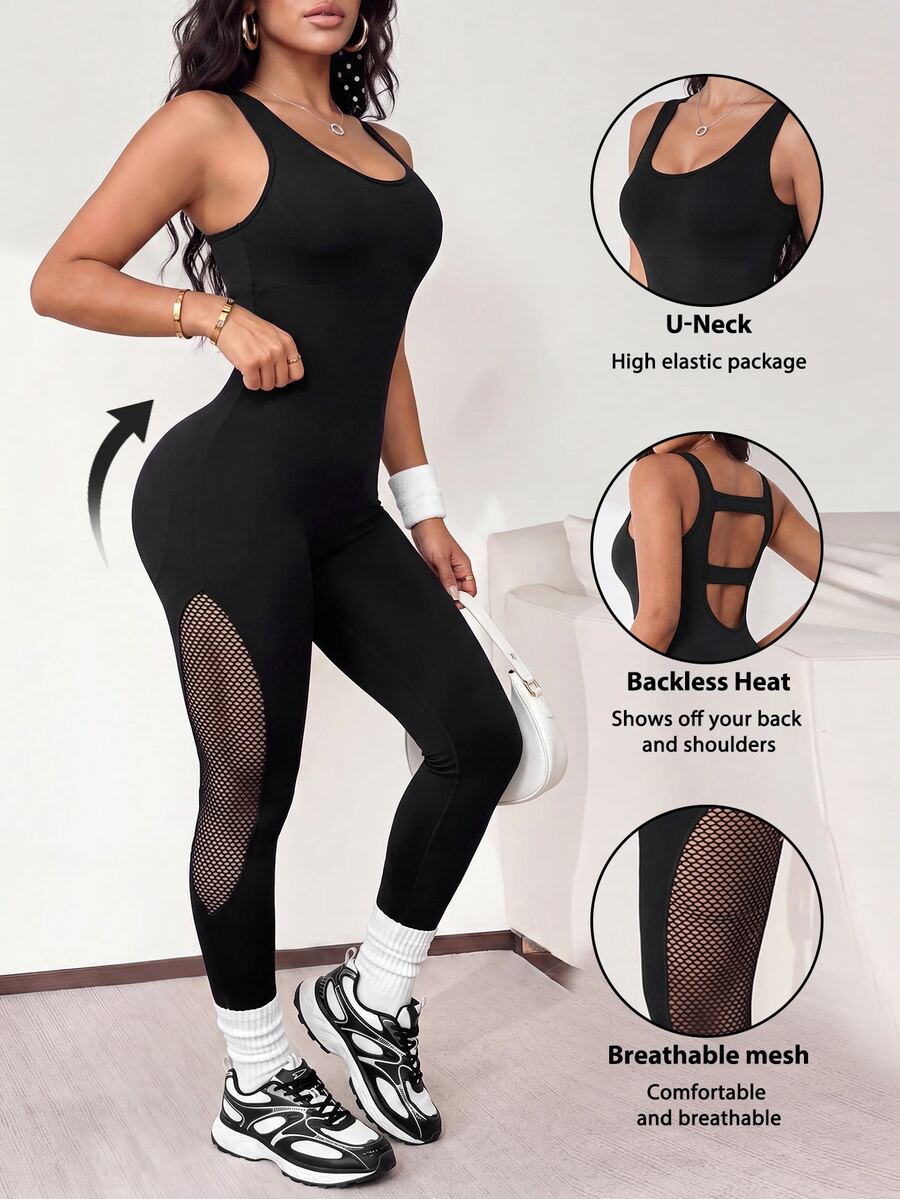 Slayform Slayform 1pc Regular Sports Jumpsuit / Mesh Design / Basic Style / Sports Jumpsuit / Fitness / Yoga Seamless - Black - View 1