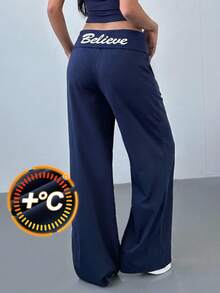 SHEIN Teen Girl Teen Girls Pants English Print Pattern Casual Slim Fit Long Pants - Navy Blue - View 1