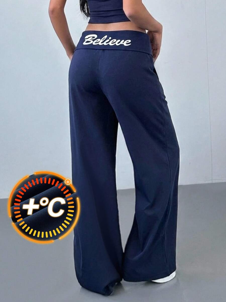 SHEIN Teen Girl Teen Girls Pants English Print Pattern Casual Slim Fit Long Pants - Navy Blue - View 1