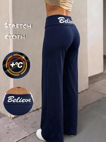 SHEIN Teen Girl Teen Girls Pants English Print Pattern Casual Slim Fit Long Pants - Navy Blue - View 6