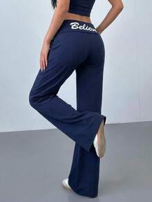 SHEIN Teen Girl Teen Girls Pants English Print Pattern Casual Slim Fit Long Pants - Navy Blue - View 5