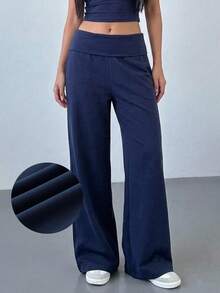 SHEIN Teen Girl Teen Girls Pants English Print Pattern Casual Slim Fit Long Pants - Navy Blue - View 3