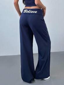 SHEIN Teen Girl Teen Girls Pants English Print Pattern Casual Slim Fit Long Pants - Navy Blue - View 4