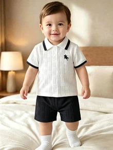 Souflis Souflis 男嬰夏季黑色學院風提花POLO衫與短褲2件套，小馬印花翻領短袖套裝，適合日常穿著、上學、派對、度假 - 黑色 - 查看 7