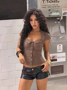 StreetHx 女款街頭風法式復古條紋收腰襯衫 - 棕色 - 查看 1