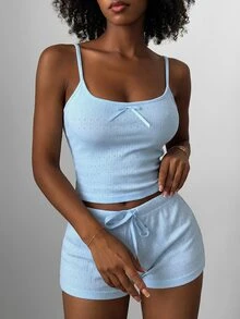 Strévra Women's Comfortable Breathable Mesh Bow Decor Camisole And Shorts Pajama Set, Summer - Blue - View 4