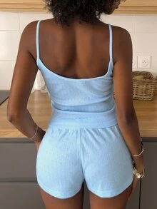 Strévra Women's Comfortable Breathable Mesh Bow Decor Camisole And Shorts Pajama Set, Summer - Blue - View 2