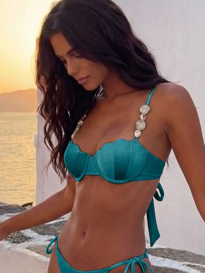Bonvoyette ملابس سباحة علوية نسائية بأسلوب أنيق، قماش مشمش لامع، ديكور من حجر الراتنج، حمالة صدر فولاذية ذات كوب صلب على شكل صدفة