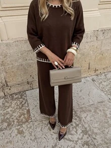 Serisse طقم ملابس منزلية منسق بأكمام قصيرة من نسيج محبوك مخطط بني مع حواف متباينة، كاجوال لفصل الخريف ووجبات البرانش - بني - مشاهدة 3