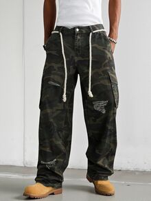 Manfinity EMRG 男士街頭風休閒做舊磨損多口袋迷彩牛仔工裝牛仔褲 - 軍綠色 - 查看 5