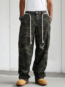 Manfinity EMRG 男士街頭風休閒做舊磨損多口袋迷彩牛仔工裝牛仔褲 - 軍綠色 - 查看 7