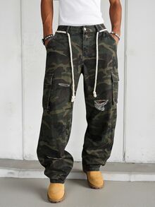 Manfinity EMRG 男士街頭風休閒做舊磨損多口袋迷彩牛仔工裝牛仔褲 - 軍綠色 - 查看 4