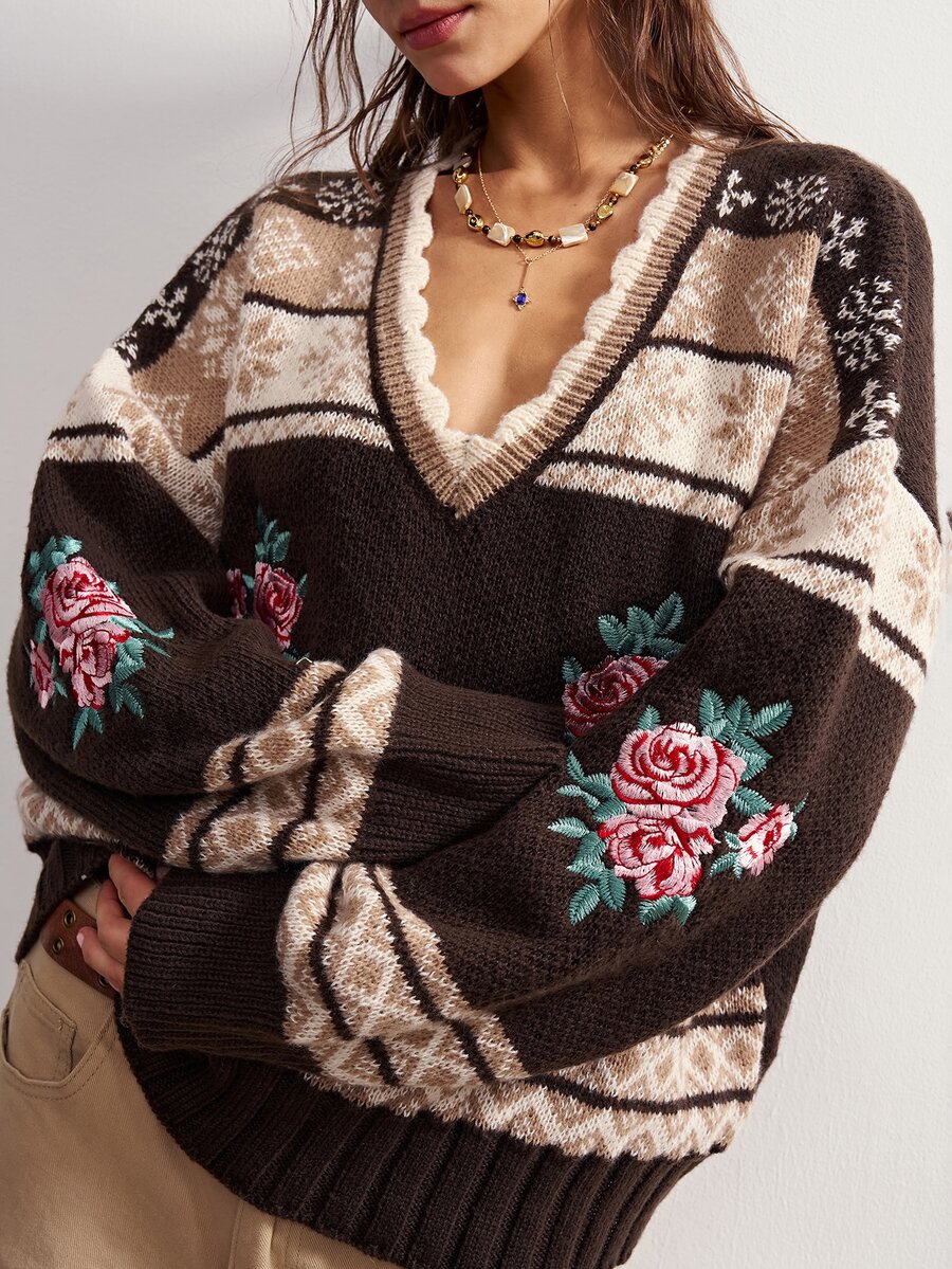 Bohemela 復古提花對比色刺繡玫瑰針織開襟衫 - 摩卡棕 - 查看 1