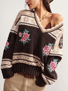 Bohemela 復古提花對比色刺繡玫瑰針織開襟衫 - 摩卡棕 - 查看 2