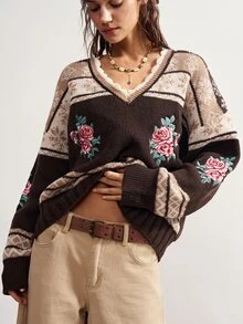 Bohemela 復古提花對比色刺繡玫瑰針織開襟衫 - 摩卡棕 - 查看 6