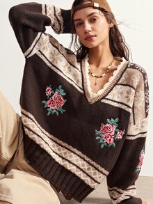 Bohemela 復古提花對比色刺繡玫瑰針織開襟衫 - 摩卡棕 - 查看 5