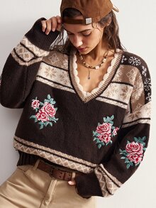 Bohemela 復古提花對比色刺繡玫瑰針織開襟衫 - 摩卡棕 - 查看 9