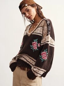 Bohemela 復古提花對比色刺繡玫瑰針織開襟衫 - 摩卡棕 - 查看 7