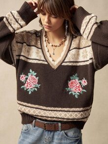 Bohemela 復古提花對比色刺繡玫瑰針織開襟衫 - 摩卡棕 - 查看 3