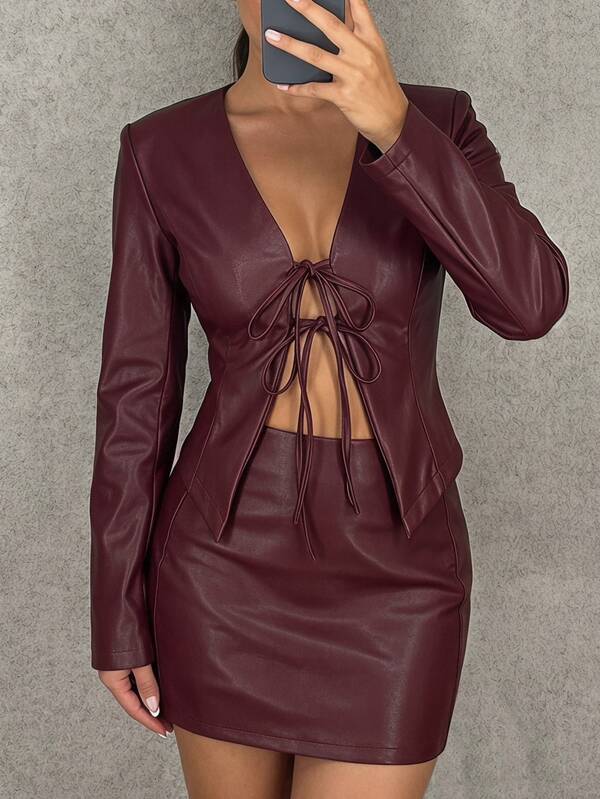 SHEIN SXY Women's PU Leather Front Lace-Up Long Sleeve Jacket And Skirt Fashion Sexy Suit Set Night Out Club Burgundy Autumn Winter,Going Out,Work Outfits