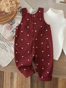 SHEIN Baby Set Corduroy Round Neck Sleeveless Pocket Button Long Loose Fit Romper Fall Burgundy - Burgundy - View 2