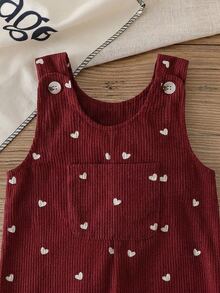 SHEIN Baby Set Corduroy Round Neck Sleeveless Pocket Button Long Loose Fit Romper Fall Burgundy - Burgundy - View 4