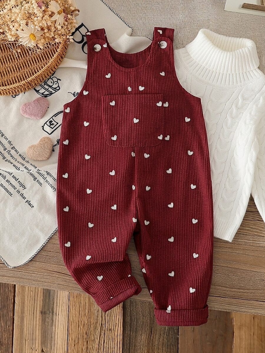 SHEIN Baby Set Corduroy Round Neck Sleeveless Pocket Button Long Loose Fit Romper Fall Burgundy - Burgundy - View 1