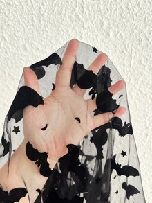 SHEIN قميص نوم كامي شبكي مخملي بتصميم خفافيش هالوين شفاف مثير مع حافة مطرزة بالدانتيل مقاس كبير - الأسود - مشاهدة 7