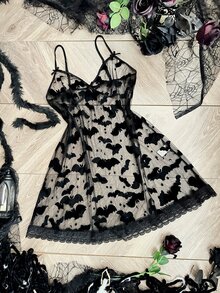 SHEIN قميص نوم كامي شبكي مخملي بتصميم خفافيش هالوين شفاف مثير مع حافة مطرزة بالدانتيل مقاس كبير - الأسود - مشاهدة 2